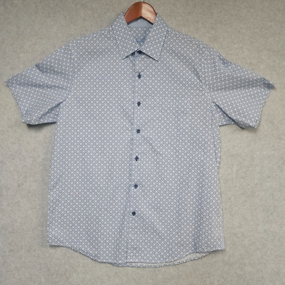 Tasso Elba Shirt Mens Large Blue White Geometric Button Up Short Sleeve Cotton